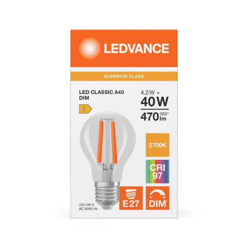 Ledvance E27 LED Lampe Classic dimmbar klar 4,2W wie 40W 2700K warmweißes Licht CRI97 sehr hohe Farbwiedergabe